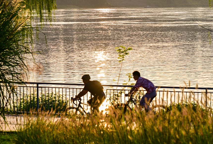 南岸區大魚海棠公園，市民在步道上騎行。郭旭攝