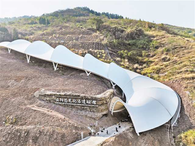 　云陽(yáng)地質(zhì)公園恐龍化石遺址館獨(dú)特的外觀。